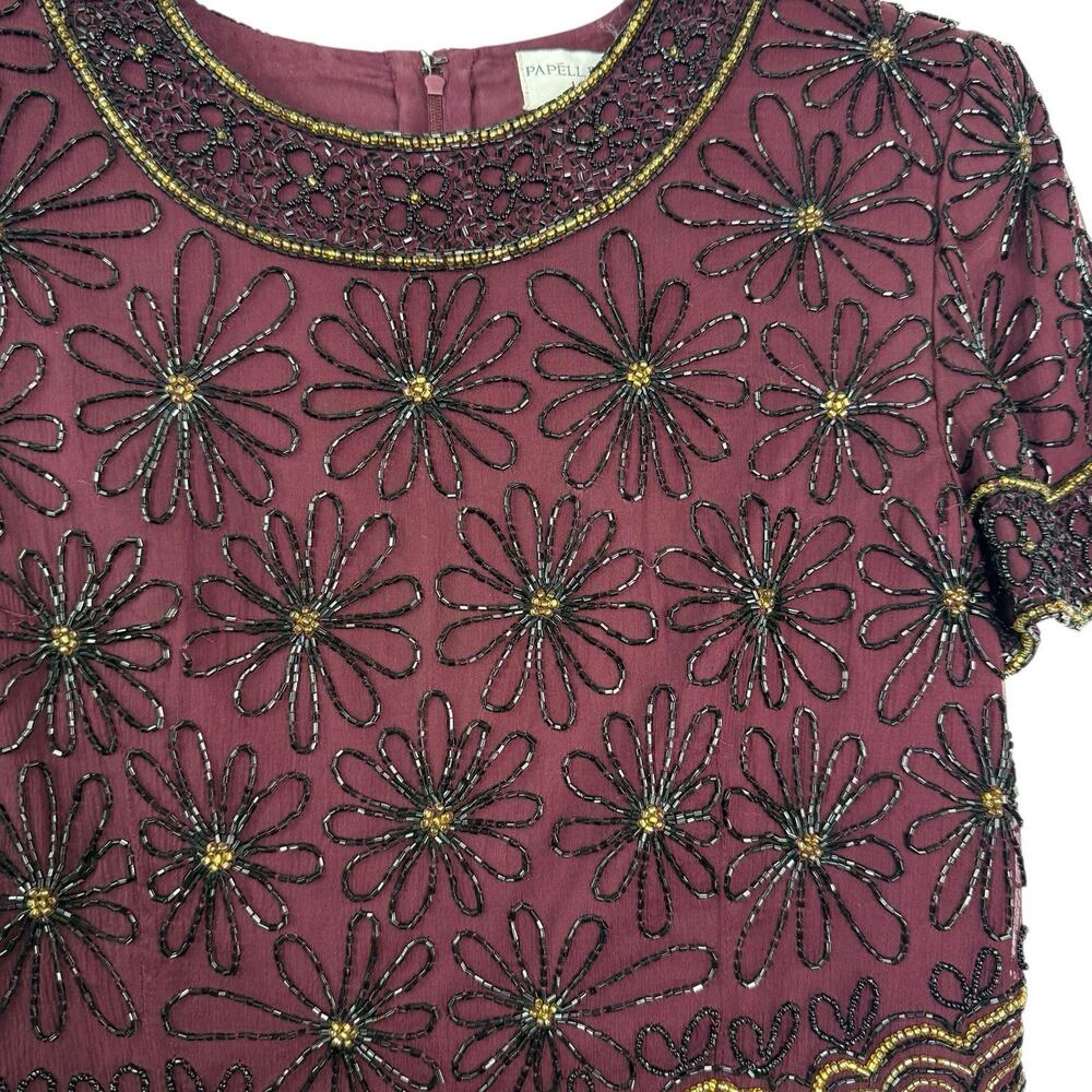 VTG‎ Papell Boutique Burgundy Silk Beaded Blouse Floral Formal Evening Top Sz S - Picture 2 of 9